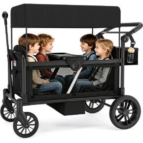 Stroller Wagon for 4 Kids, Foldable 4 Seats Outdoor Stroller Wagon with Side Entry & 5-Point Safety Harness, Foldable Wagon Cart with Adjustable Push & Pull Handle, Removable Canopy (Black) in Kuwait