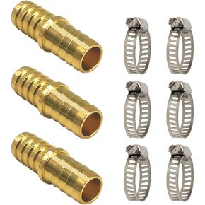LIONMAX Hose Barb Fitting 3 PCS, 5/8 Inch to 5/8 Inch Barb Hose ID, Barb Splicer Mender, Brass Barb Union Hose Fittings, with 6 Hose Clamps, for Air/Water/Fuel/Oil in Saudi Arabia