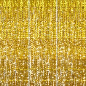 Tinsel Backdrop, 3packs Foil Fringe Curtains, Wavy Party Streamers Decorations, Sparkle Party Backdrop for Birthday/Wedding/Graduation/Christmas（Gold） in Kuwait