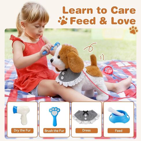 Plush Walking Dog Toy with Leash, Barking Puppy with Wagging, Nodding, Musical Dog with 8 Songs & 3 Volume Levels, Pretend Care Set, Gifts for 1 2-3-5 Year Old Girl Boy in Kuwait
