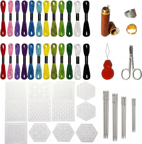 Yikorqu 53 Pcs Sashiko Thread Kit with 12 Embroidery Pattern Templates, Sashiko Needles, 24-Color Sewing Threads, 2 Thimbles, Scissors, Needle Threader, 4 Needle Sizes for Beginners in Kuwait