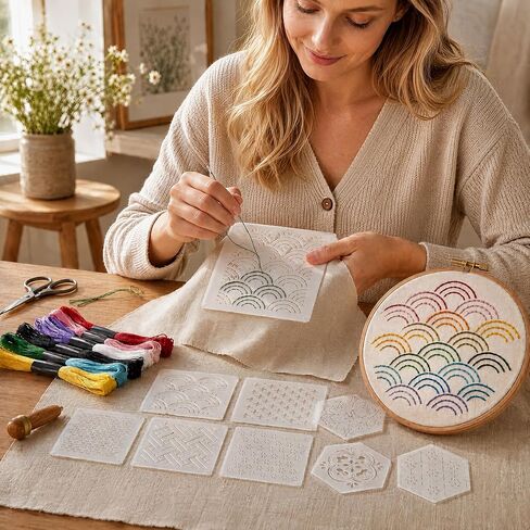 Yikorqu 53 Pcs Sashiko Thread Kit with 12 Embroidery Pattern Templates, Sashiko Needles, 24-Color Sewing Threads, 2 Thimbles, Scissors, Needle Threader, 4 Needle Sizes for Beginners in Kuwait