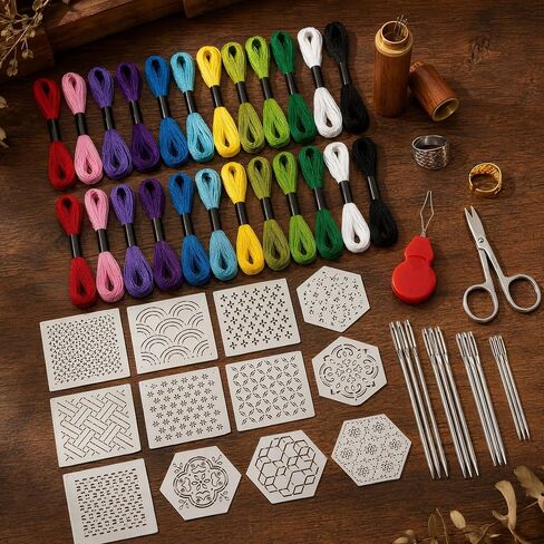 Yikorqu 53 Pcs Sashiko Thread Kit with 12 Embroidery Pattern Templates, Sashiko Needles, 24-Color Sewing Threads, 2 Thimbles, Scissors, Needle Threader, 4 Needle Sizes for Beginners in Kuwait