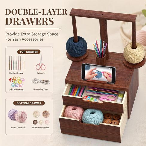 GloTika Wooden Yarn Holder with Double Drawer and 2 Magnetic Spindles in Kuwait