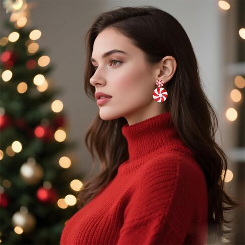 Christmas Candy Earrings for Women Girls Cute Handmade Acrylic Red Green Peppermint Candy Cane Color Dangle Drop Statement Earrings Christmas Holiday Party Decorations (Green) in Kuwait