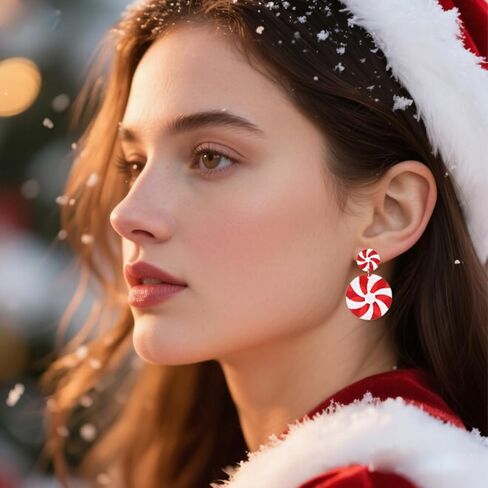 Christmas Candy Earrings for Women Girls Cute Handmade Acrylic Red Green Peppermint Candy Cane Color Dangle Drop Statement Earrings Christmas Holiday Party Decorations (Green) in Kuwait