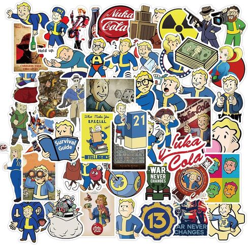 50Pcs Fallout Game Stickers for Water Bottle, Cool Cartoon Waterproof Vinyl Stickers for Adult Teen Girl Kids Laptop Skateboard Bike Guitar Laggage Travel Case Helmet Notebook Scrapbook in Kuwait