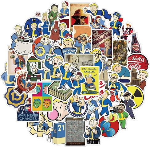 50Pcs Fallout Game Stickers for Water Bottle, Cool Cartoon Waterproof Vinyl Stickers for Adult Teen Girl Kids Laptop Skateboard Bike Guitar Laggage Travel Case Helmet Notebook Scrapbook in Kuwait