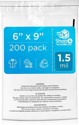 Shop4Mailers 6 × 9 أكياس بولي بلاستيكية مسطحة شفافة مع لاصق ذاتي الغلق تحذيري من الاختناق، 1.5 مل لتغليف الأعمال FBA، والمجوهرات، والملابس، والمطبوعات، والتخزين - قابلة للإغلاق (1000 عبوة) in Kuwait