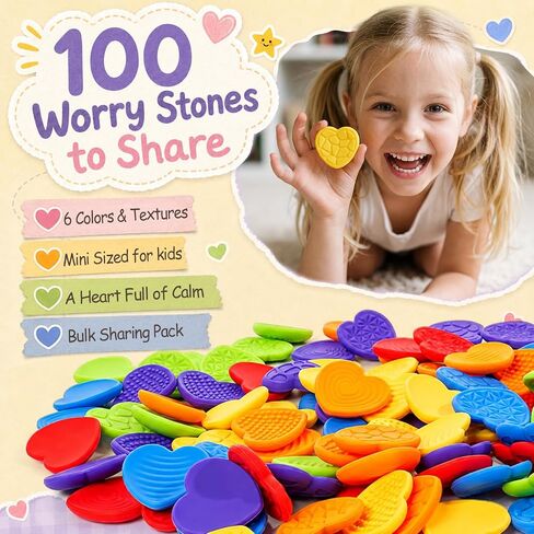 KLT Fidget Toys Bulk for Kids: 100pcs Heart Worry Stones - Quiet Classroom Appreciation Gifts for Students - Small Calming Sensory Toys - Stress Relief for Autism ADHD Kids - Thanksgiving Party Favors in Saudi Arabia
