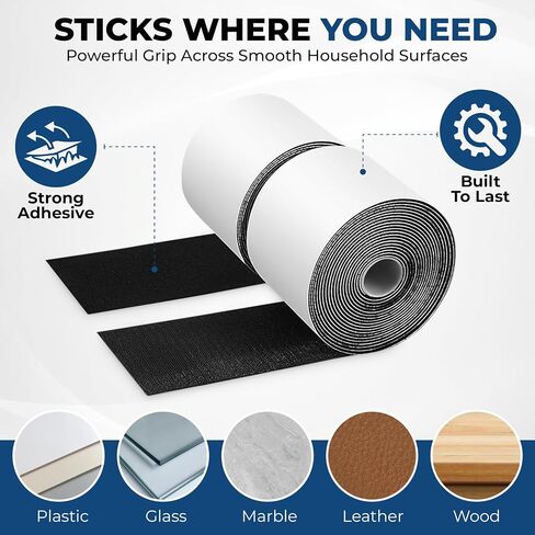 4.4'' x 16.5 Feet Heavy Duty Hook and Loop Tape Adhesive Black - Strength Fastener for Couch Cushions & Rug Gripper carpets, Picture Wall Hanging, Furniture & Home Decor Mounting, indoor & outdoor use in Kuwait