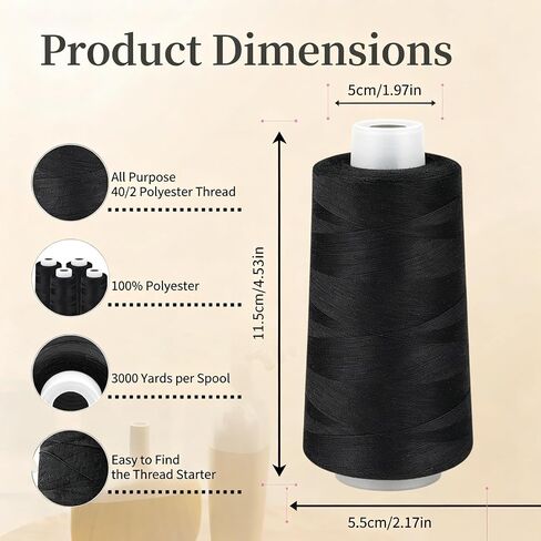 2 Pack 3000 Yards White+Black Serger Thread Cones,Sewing Thread in Saudi Arabia