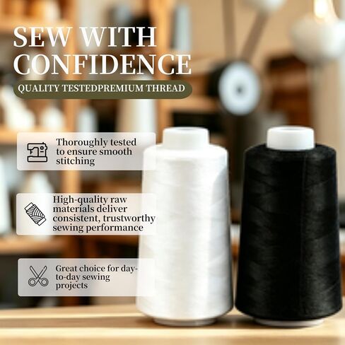 2 Pack 3000 Yards White+Black Serger Thread Cones,Sewing Thread in Saudi Arabia