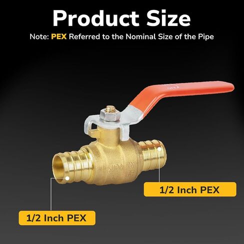 صمام كروي PEX مقاس 1/2 بوصة من JUWO، 10 عبوات من صمام إغلاق المنفذ الكامل من النحاس المجعد مع مقبض دوران 1/4 للمياه الساخنة والباردة، معتمد من UPC in Kuwait