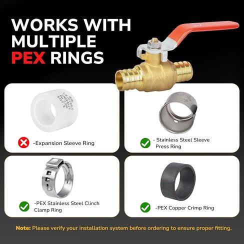 صمام كروي PEX مقاس 1/2 بوصة من JUWO، 10 عبوات من صمام إغلاق المنفذ الكامل من النحاس المجعد مع مقبض دوران 1/4 للمياه الساخنة والباردة، معتمد من UPC in Kuwait