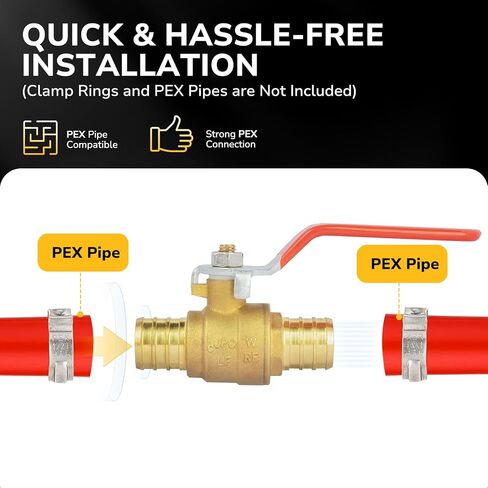 صمام كروي PEX مقاس 1/2 بوصة من JUWO، 10 عبوات من صمام إغلاق المنفذ الكامل من النحاس المجعد مع مقبض دوران 1/4 للمياه الساخنة والباردة، معتمد من UPC in Kuwait