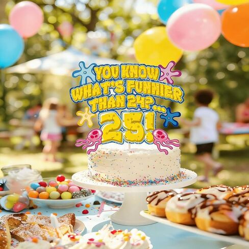 Whats Funnier Than 24 25 Cake Topper, Yellow Sponge 25th Birthday Cake Decor, Single Sided Glitter Cardstock with Acrylic Stick, Funny 25th Birthday Supplies, Party for Women Men in Saudi Arabia
