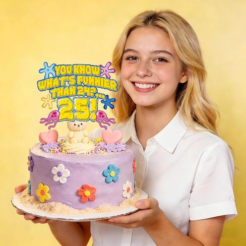 Whats Funnier Than 24 25 Cake Topper, Yellow Sponge 25th Birthday Cake Decor, Single Sided Glitter Cardstock with Acrylic Stick, Funny 25th Birthday Supplies, Party for Women Men in Saudi Arabia