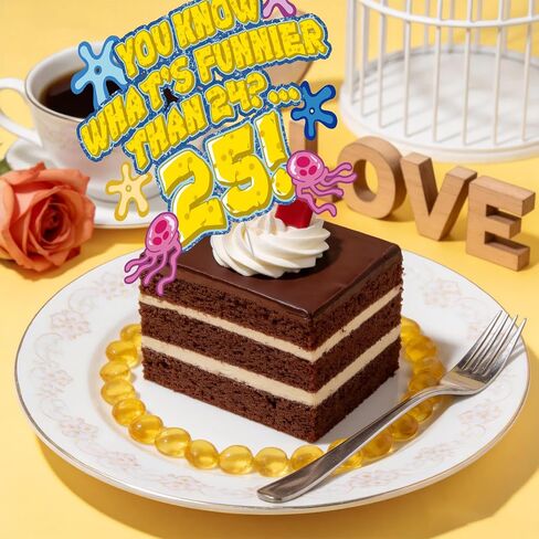 Whats Funnier Than 24 25 Cake Topper, Yellow Sponge 25th Birthday Cake Decor, Single Sided Glitter Cardstock with Acrylic Stick, Funny 25th Birthday Supplies, Party for Women Men in Saudi Arabia