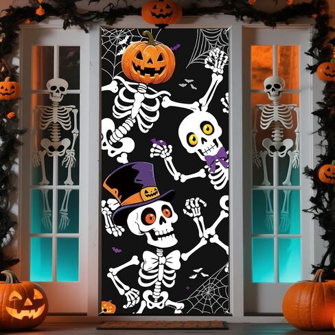 Halloween Door Cover, 79 * 35inch Skeleton Halloween Door Decorations Skeleton Door Sign Banner for Haunted House Indoor Outdoor Party Window Wall Decor in Kuwait