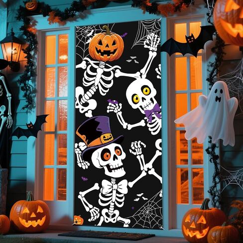 Halloween Door Cover, 79 * 35inch Skeleton Halloween Door Decorations Skeleton Door Sign Banner for Haunted House Indoor Outdoor Party Window Wall Decor in Kuwait