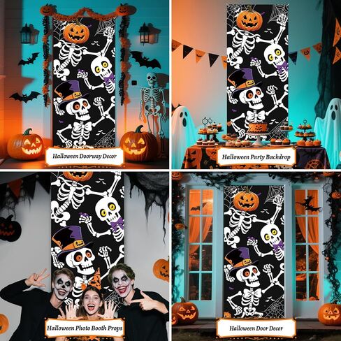 Halloween Door Cover, 79 * 35inch Skeleton Halloween Door Decorations Skeleton Door Sign Banner for Haunted House Indoor Outdoor Party Window Wall Decor in Kuwait