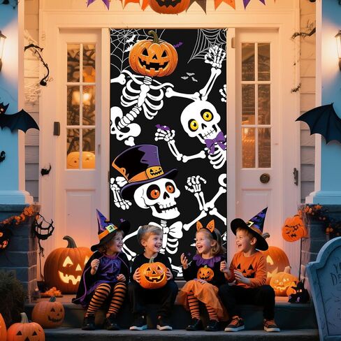 Halloween Door Cover, 79 * 35inch Skeleton Halloween Door Decorations Skeleton Door Sign Banner for Haunted House Indoor Outdoor Party Window Wall Decor in Kuwait