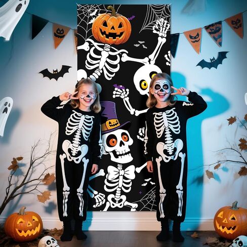Halloween Door Cover, 79 * 35inch Skeleton Halloween Door Decorations Skeleton Door Sign Banner for Haunted House Indoor Outdoor Party Window Wall Decor in Kuwait