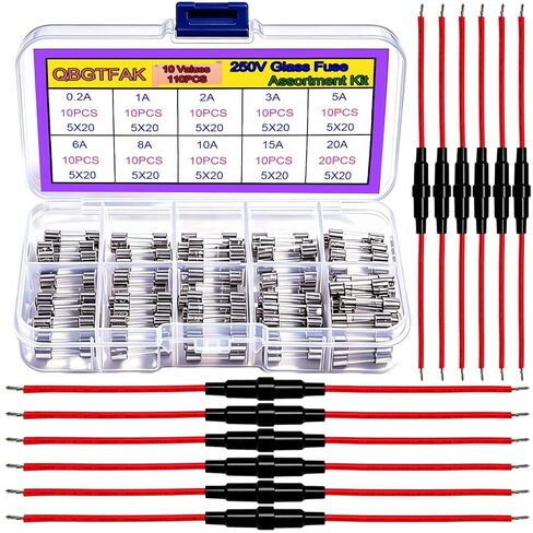 12pcs 5x20mm AGC Fuse Holder Inline Screw Type with 16 AWG Wire + 110pcs Quick Blow Glass Tube Fuse Assorted Kit 250V 0.2A, 1A, 2A, 3A, 5A, 6A, 8A, 10A,15A,20A, 5x20mm Ted Lele (Fuse+16 AWG Wire) in Kuwait