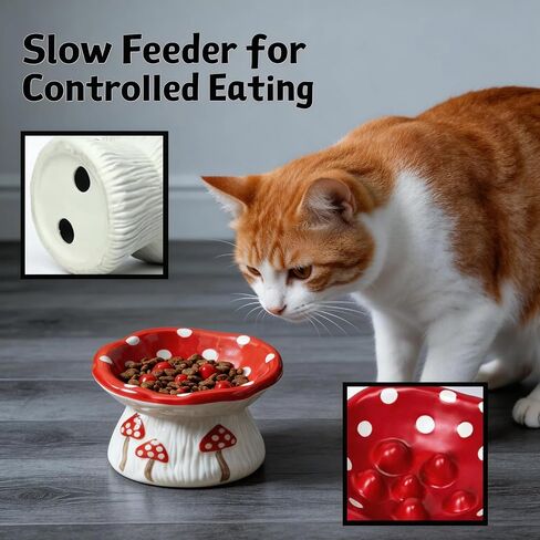 Cute Ceramic Elevated Cat Slow Feeder Bowl, Mushroom Design Non-Slip Slow Feeder Cat Bowl for Cats & Small Dogs in Kuwait