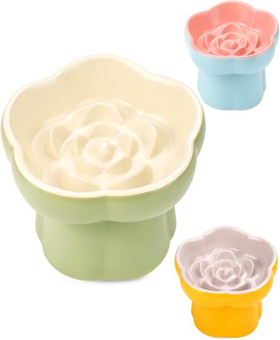 Ceramic Elevated Slow Feeder Cat Bowl Set with Feeding Mat & Measuring Scoop, Raised Tilted Puzzle Bowl for Cats & Small Dogs, Whisker Friendly Pet Feeding Dish for Dry Wet Food (Green) in Kuwait
