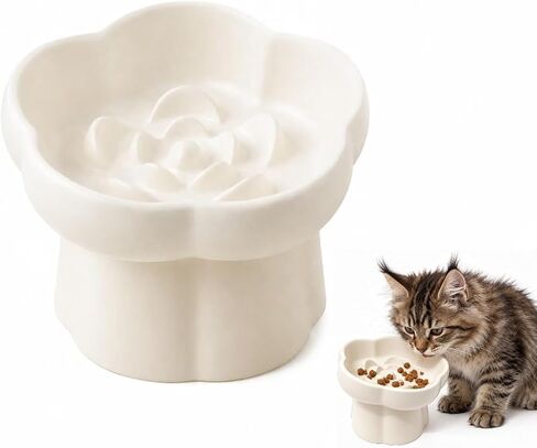 Pet Feeding Bowls, Ceramic Elevated Slow Feeder Dog Bowl, 10° Tilted Raised Cat Food Bowl with Flower Design, Anti-Slip Base for Small to Medium Cats and Dogs in Kuwait