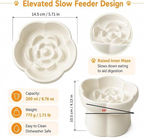 Pet Feeding Bowls, Ceramic Elevated Slow Feeder Dog Bowl, 10° Tilted Raised Cat Food Bowl with Flower Design, Anti-Slip Base for Small to Medium Cats and Dogs in Kuwait