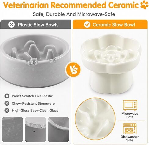 Pet Feeding Bowls, Ceramic Elevated Slow Feeder Dog Bowl, 10° Tilted Raised Cat Food Bowl with Flower Design, Anti-Slip Base for Small to Medium Cats and Dogs in Kuwait