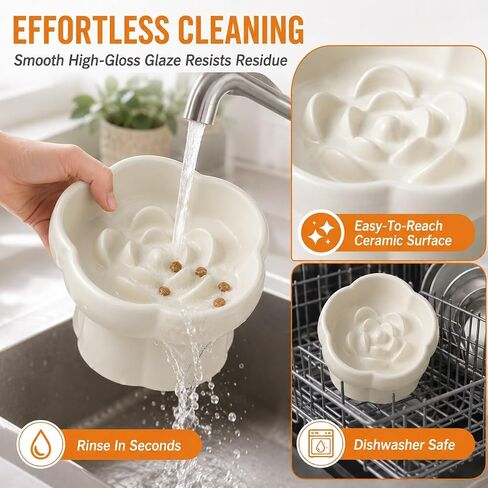 Pet Feeding Bowls, Ceramic Elevated Slow Feeder Dog Bowl, 10° Tilted Raised Cat Food Bowl with Flower Design, Anti-Slip Base for Small to Medium Cats and Dogs in Kuwait