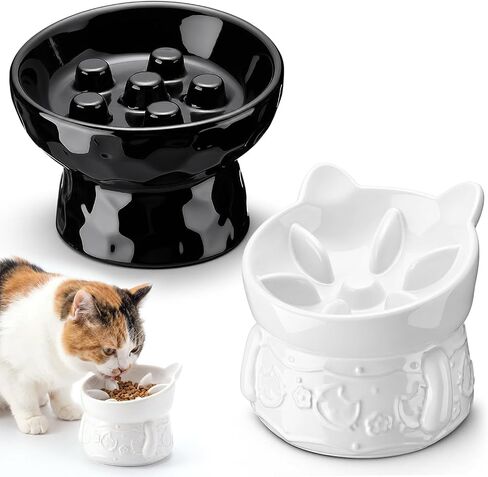 2 Pack Ceramic Slow Feeder Cat Bowl, Raised Tilted Cat Slow Feeder Bowls in Kuwait