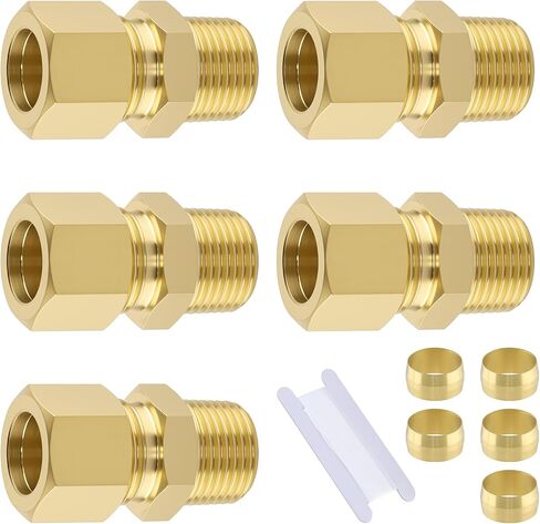 1/2" OD x 3/8" NPT Male Brass Compression Union Fitting, 5 Pack Straight Tube Coupling Adapter with 1M PTFE Teflon Tape for Air Water Plumbing Systems in Kuwait