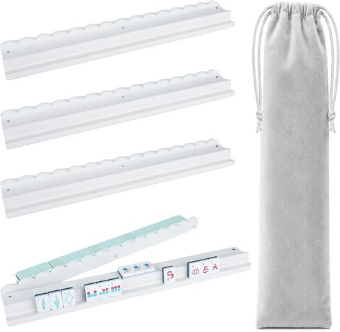 19.68" Scalloped Wooden Mahjong Racks with Magnetic Pushers, Set of 4, White Pine Wood with Non-Slip Base, Includes Grey Velvet Storage Bag, Fits Standard & Jumbo Tiles (Tiles Not Included) in Kuwait