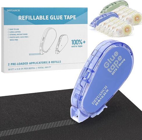 500 ft (167 yds) Extra-Long Refillable Glue Tape Set, 0.31 in Wide, 2 Preloaded Dispensers + 8 Extra Refills, Photo-Safe Acid-Free Scrapbook Tape for Scrapbooking, Crafts, Home & School in Kuwait
