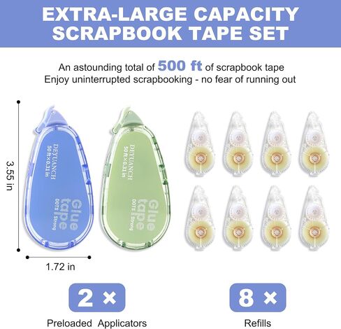 500 ft (167 yds) Extra-Long Refillable Glue Tape Set, 0.31 in Wide, 2 Preloaded Dispensers + 8 Extra Refills, Photo-Safe Acid-Free Scrapbook Tape for Scrapbooking, Crafts, Home & School in Kuwait