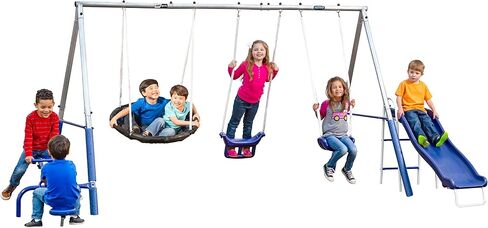 Free N Swing - 7 User / 5 Station Swing Set, Outdoor for Kids with 5' Slide. Easy Assembly Playground Set with Galvanized Metal Frame for Backyards, 168" L x 91" W x 74" H, by XDP Recreation in Kuwait