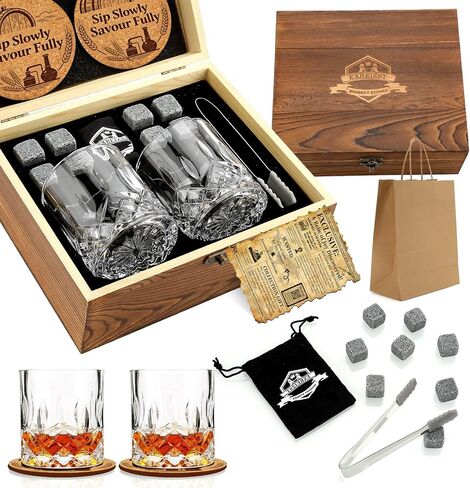 Whiskey Stones Gift Set - Whiskey Glass Set of 2 - Granite Chilling Whiskey Rocks - Scotch Bourbon Box Set - Best Drinking Gifts for Men Dad Husband Birthday Party Holiday Present in Saudi Arabia