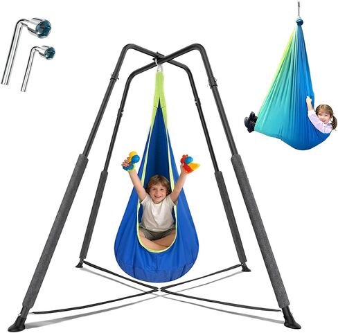 Sensory Swing Set with Stand, Pod Chair & Hammock, X-Shaped Frame（Green） in Kuwait