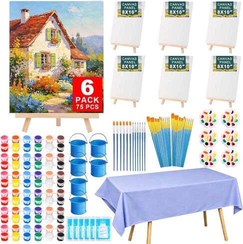 Flasoo 6 Pack 8x10 Canvas Painting Kit, 75 PCS Sip and Paint Kit, Paint and Sip Kit for Adults with Acrylic Paint, 32 Brushes, Palettes, Aprons, Tablecloth, Folding Cups for Paint Night, Gift in Kuwait
