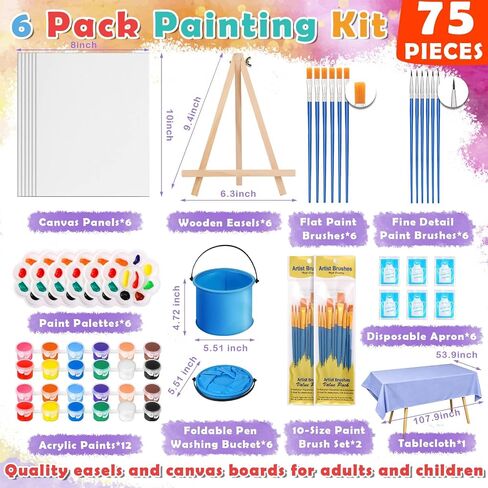 Flasoo 6 Pack 8x10 Canvas Painting Kit, 75 PCS Sip and Paint Kit, Paint and Sip Kit for Adults with Acrylic Paint, 32 Brushes, Palettes, Aprons, Tablecloth, Folding Cups for Paint Night, Gift in Kuwait