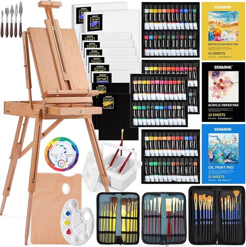 196Pcs Deluxe Artist Painting Set with French Easel, 48 Colors Acrylic & Oil Paints, 24 Colors Watercolor Paints, Art Paint Supplies for Artists, Beginner & Adults in Kuwait