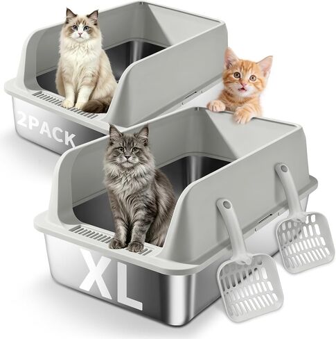 Stainless Steel Litter Box - Covered Litter Box with Lid, Litter Scoop 1PCS & Anti-Skid Stickers, High Walls Odor Free Non-Stick Low Entry Easy Clean for Kitten Multi-Cat Indoor Home Silver in Saudi Arabia