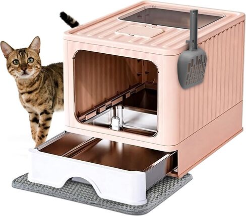 Stainless Steel Cat Litter Box With Lid, Top & Front Entry Enclosed Metal Litter Box, Large Covered Drawer Type Foldable Cat Litter Pan With Litter Scoop & Mat, Easy to Clean,Odor Control (Grey) in Kuwait