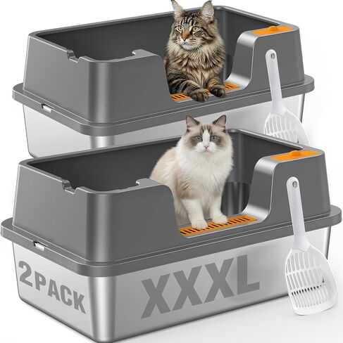 OROLEY 2PACK Stainless Steel Litter Box with High Sides Lid, Extra Large XXXL Litter Box for Big Cats, Metal Kitty Litter Boxes with Anti-Leakage Enclosure,Non-Stick in Kuwait