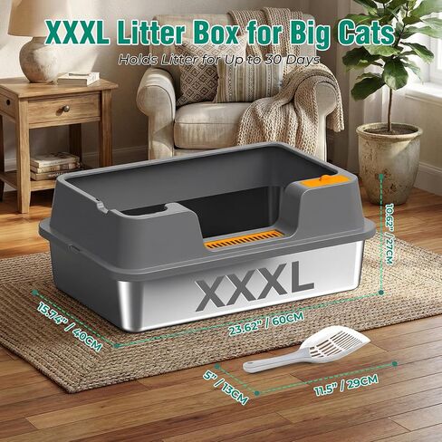 OROLEY 2PACK Stainless Steel Litter Box with High Sides Lid, Extra Large XXXL Litter Box for Big Cats, Metal Kitty Litter Boxes with Anti-Leakage Enclosure,Non-Stick in Kuwait